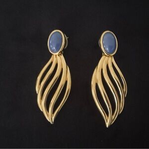 #229 MONET Blue Cabachon Goldtone Dangle Pierced Earrings